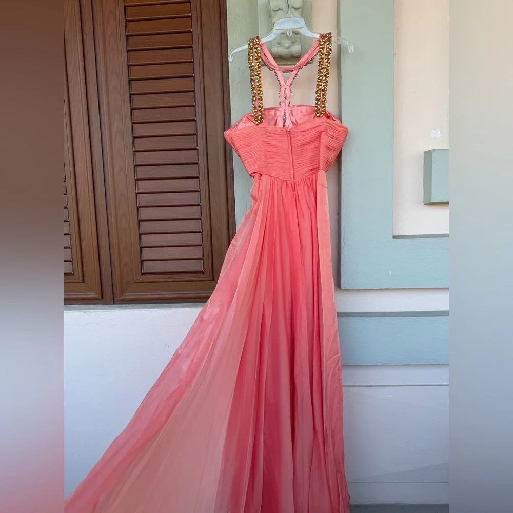 Vintage Salmon Pink Prom Coral Chiffon Dress Beaded Statement Sweetheart 2014 - Picture 7 of 8